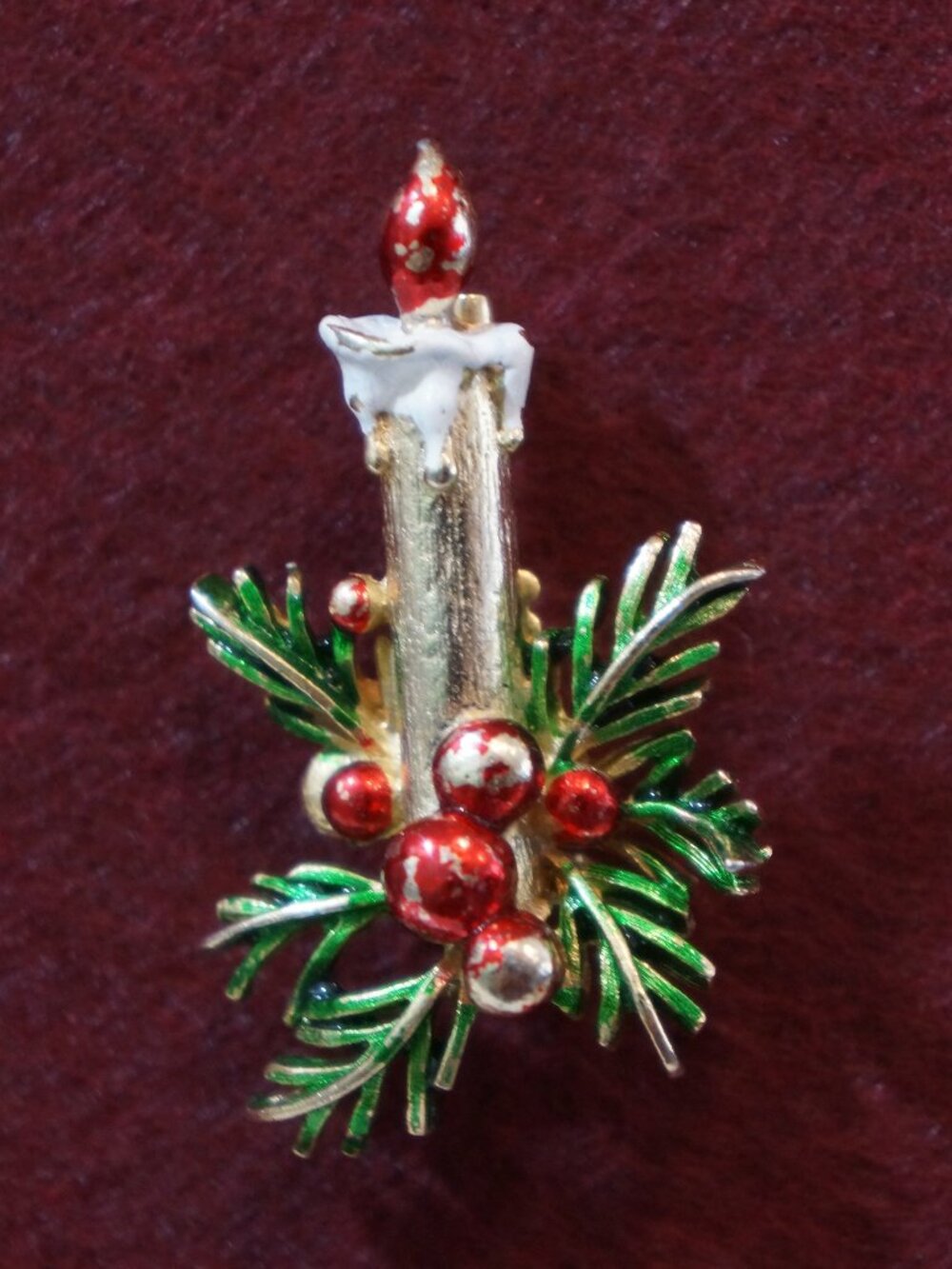 VTG St Labre Signed Christmas Candle Brooch Pin Gold Enamel Holly Mid Century